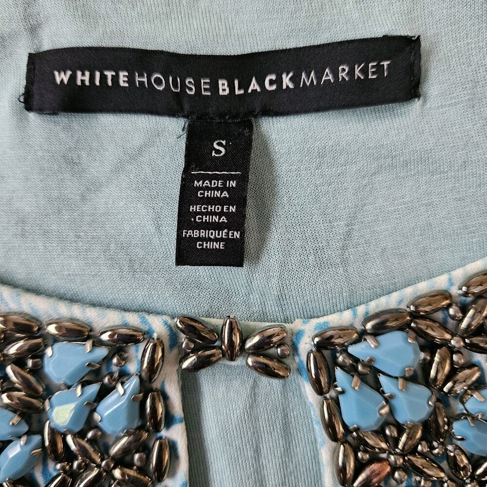 White House Black Market WHBM Beaded Neck Swingy Dress Sz S Blue Black Cream - Picture 8 of 11